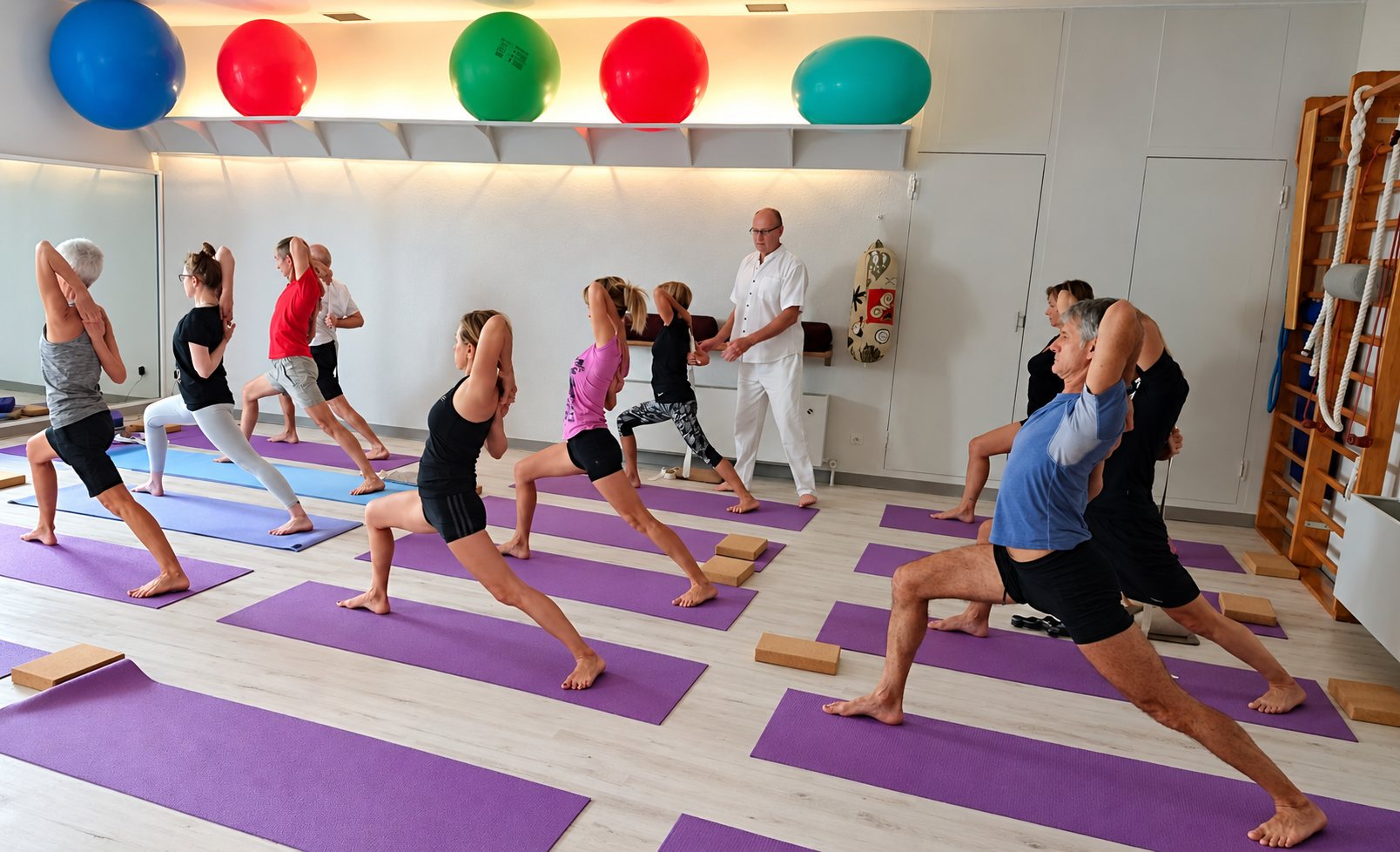 Cours collectif de yoga avec Sophie Bellier dans une salle lumineuse, tapis violets
