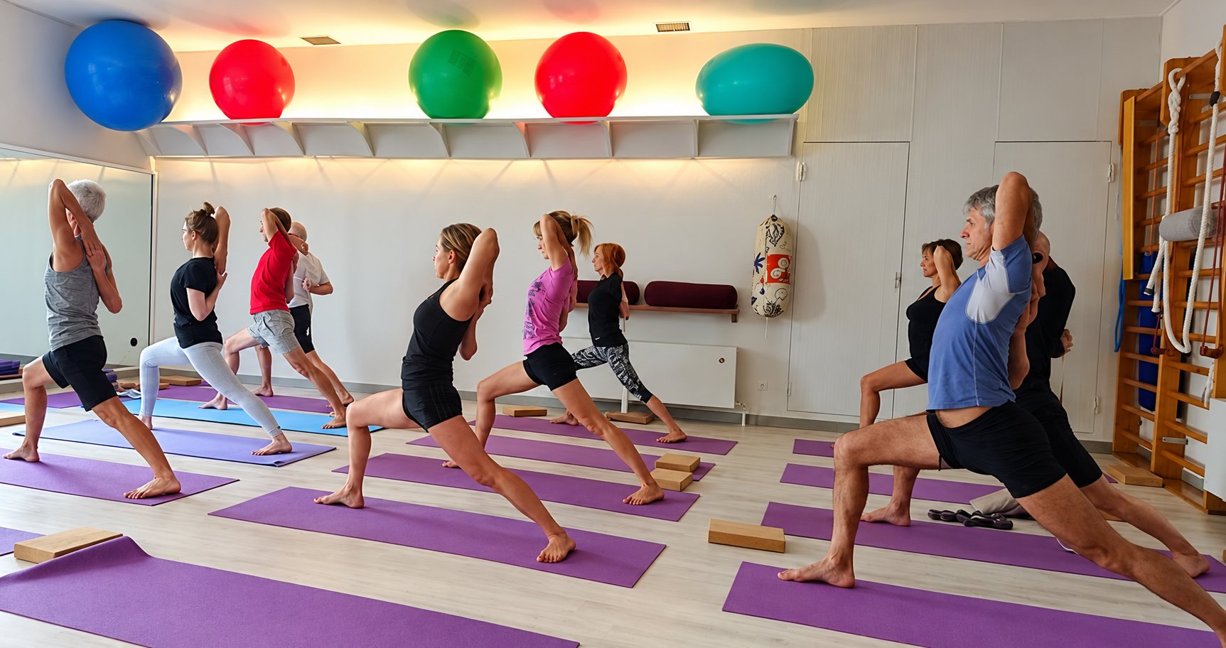 Un groupe de personnes pratique une posture de yoga en fente sur des tapis violets dans une salle claire, avec de gros ballons colorés posés sur une étagère au fond.