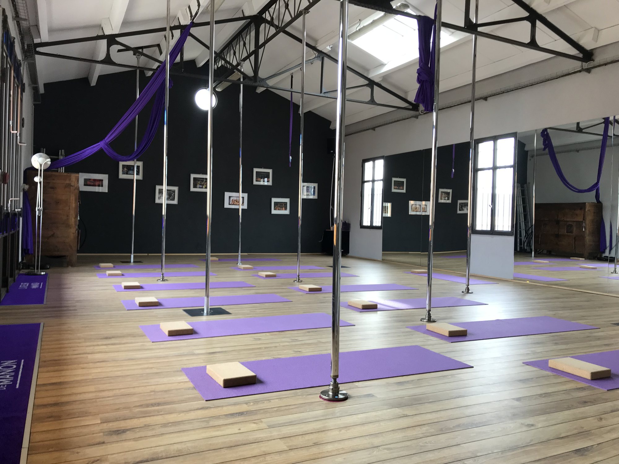 Vaste studio de pole dance au parquet clair, avec des barres chromées, des tapis de yoga violets, des briques en liège et des tissus aériens violets suspendus.